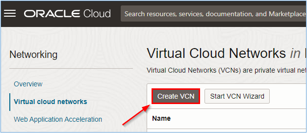 单击“创建 VCN”按钮