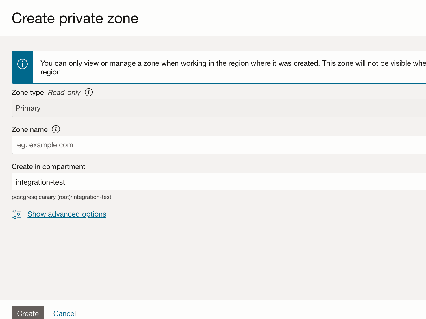 显示 "Create private zone"（创建专用区域）对话框，其中包含用于输入区域名称和区间的字段
