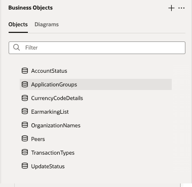 畫面擷取會在 Visual Builder 的「業務物件」檢視中，顯示屬於批發 CBDC 範例應用程式之業務物件的完整清單。