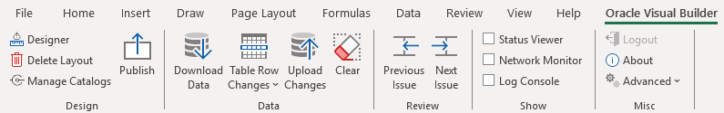 安裝增益集後，Excel 中顯示的 Oracle Visual Builder 頁籤