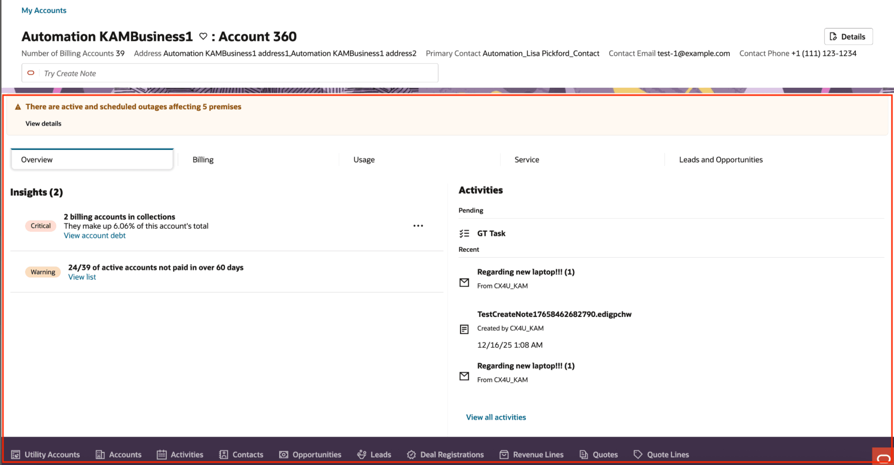 此影像顯示，包含「帳戶 360 度分析」子檢視的 Redwood Sales 帳戶明細畫面。