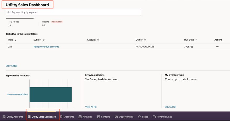 此影像顯示名稱變更後的「公用事業銷售操作面板」畫面範例。