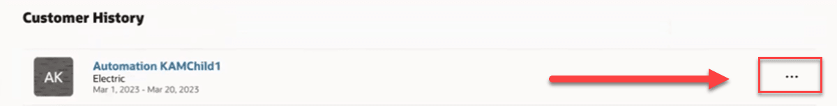 此畫面顯示其中有動作功能表的處所客戶歷史記錄範例。