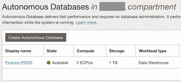 顯示 Autonomous Database 的螢幕擷取畫面。