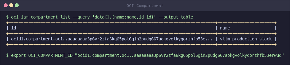 顯示區間 OCID 的 OCI CLI 輸出