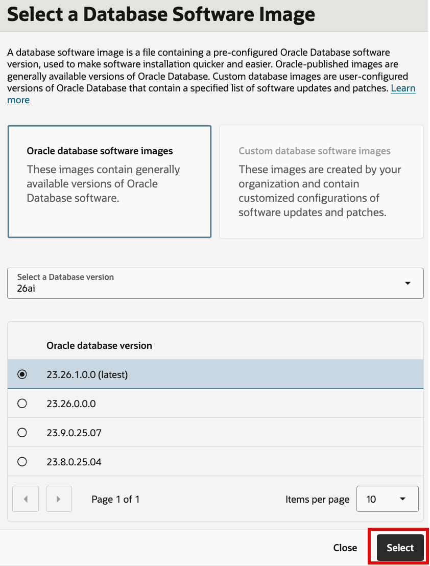 選取已選取 Oracle 資料庫版本 23.26.1.0.0 的「資料庫軟體映像檔」對話方塊