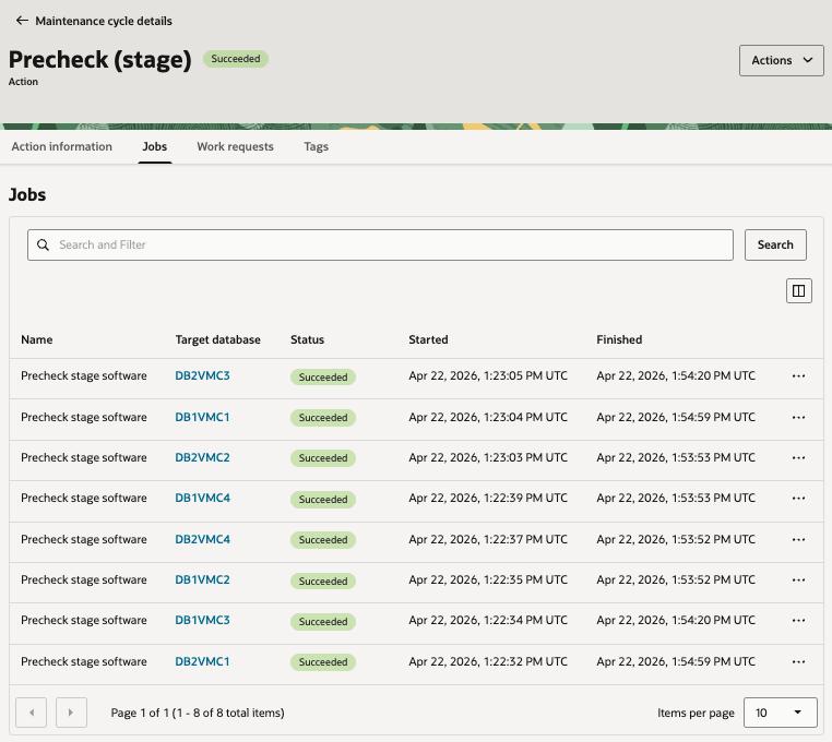 顯示所有目標資料庫工作的資料庫前置檢查動作詳細資訊