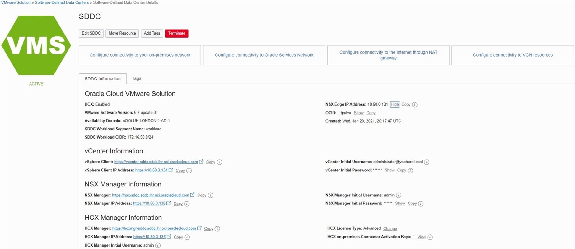 Oracle Cloud VMware 解決方案摘要頁面