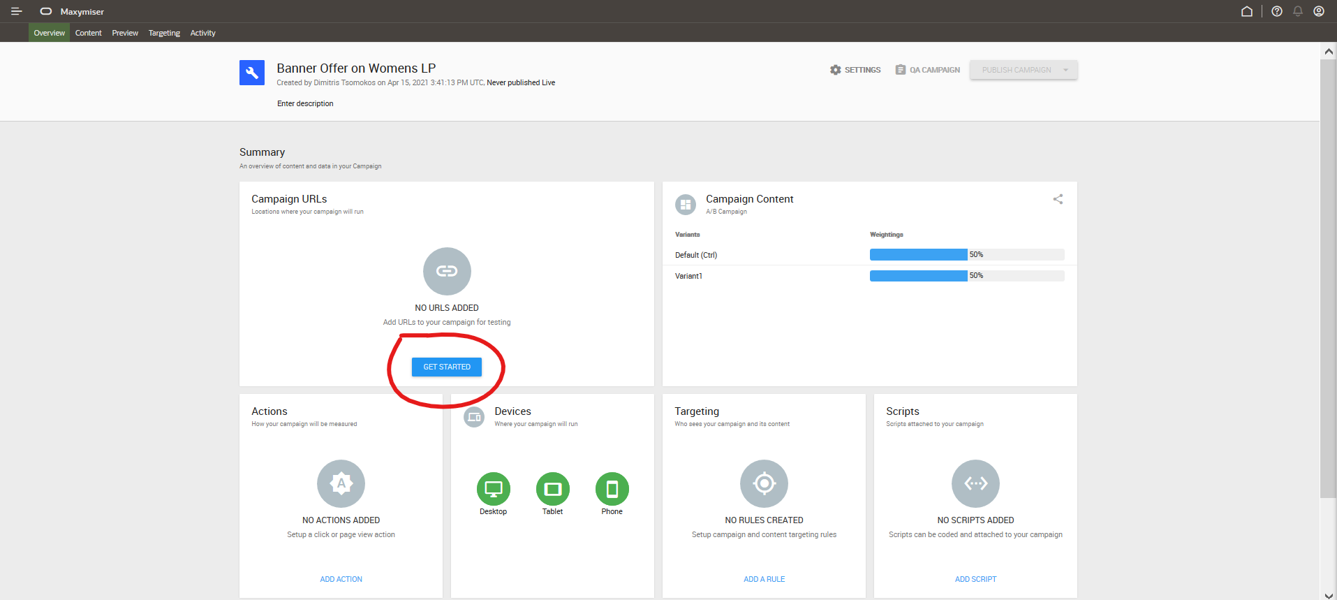 Oracle Maxymiser - 新增您的行銷活動 URL