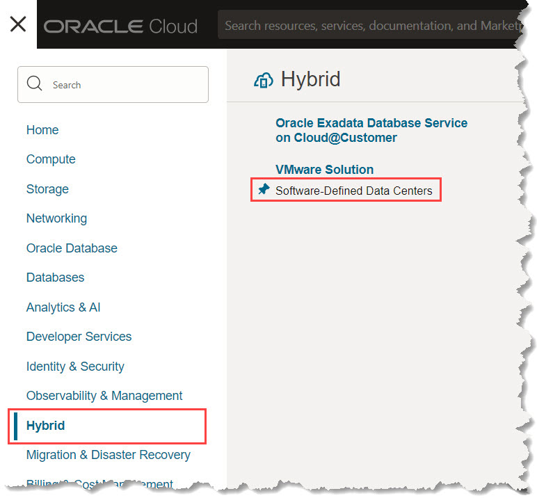 在 OCI 主控台中瀏覽至 SDDC
