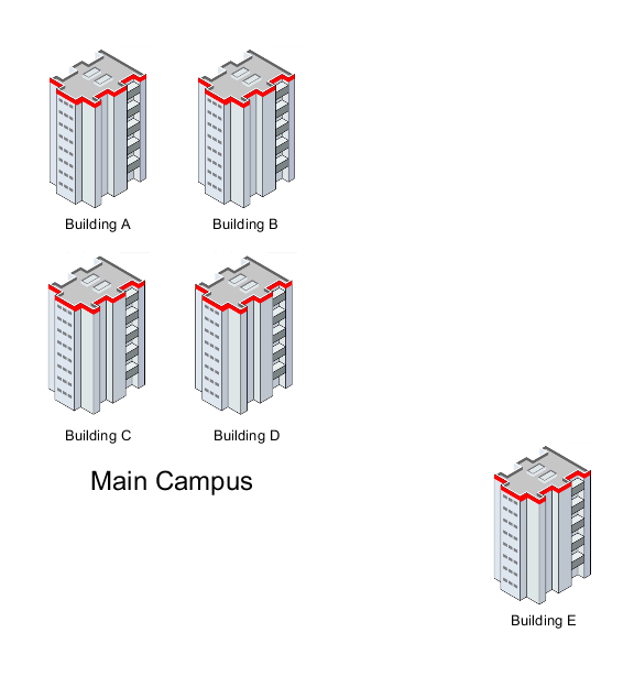 This diagram shows a group of buildings in a main campus and a separate building nearby.